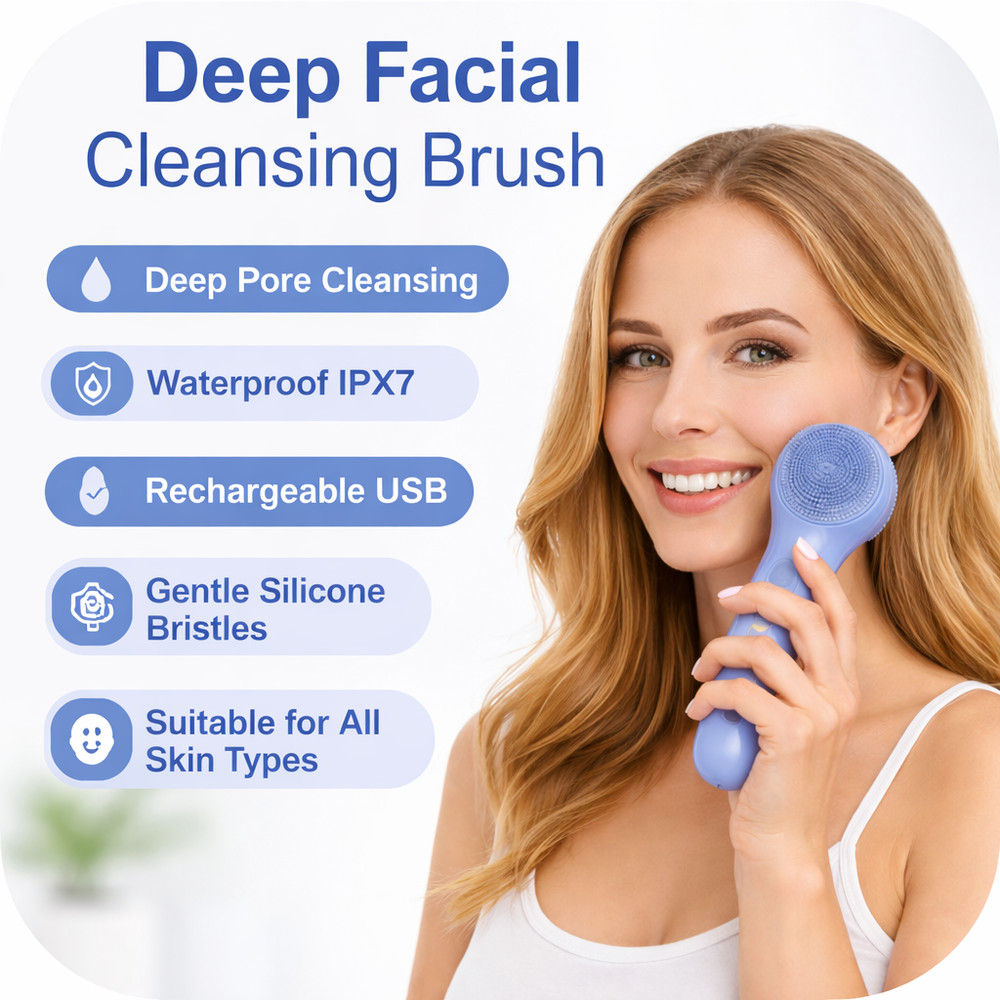 Electric Silicone Facial Cleansing Brush Sonic Face Scrubber Heated IPX7 Blue