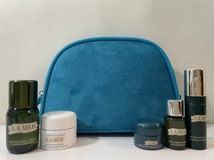 La Mer 6 Piece Skincare Travel Gift Set Including Blue Travel Makeup Pouch NEW