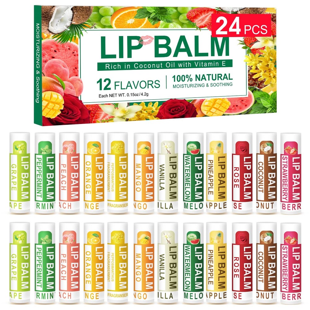 DMSKY 24 Pack Lip Balm, Natural Balm Bulk 24 Count (Pack of 1), B-24P