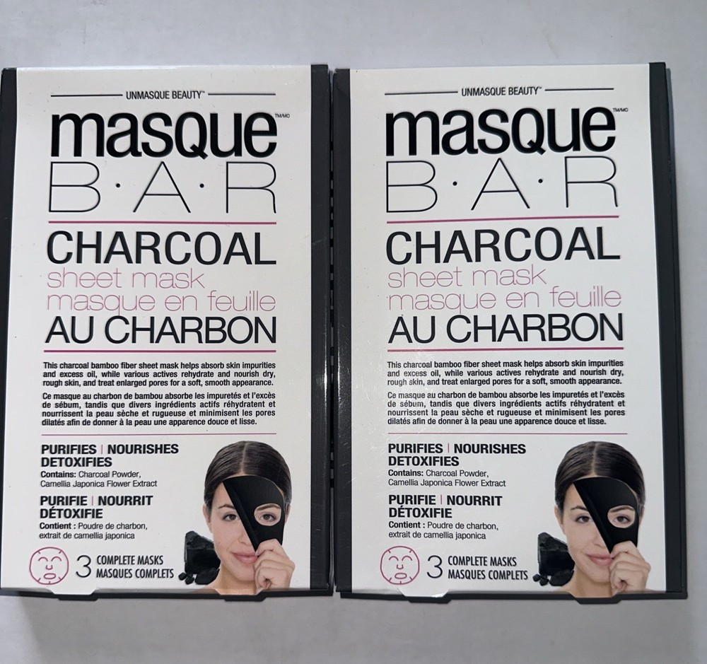 UNMASQUE BEAUTY MASQUE BAR Charcoal 3 Complete Sheet Masks NEW 2 Pack